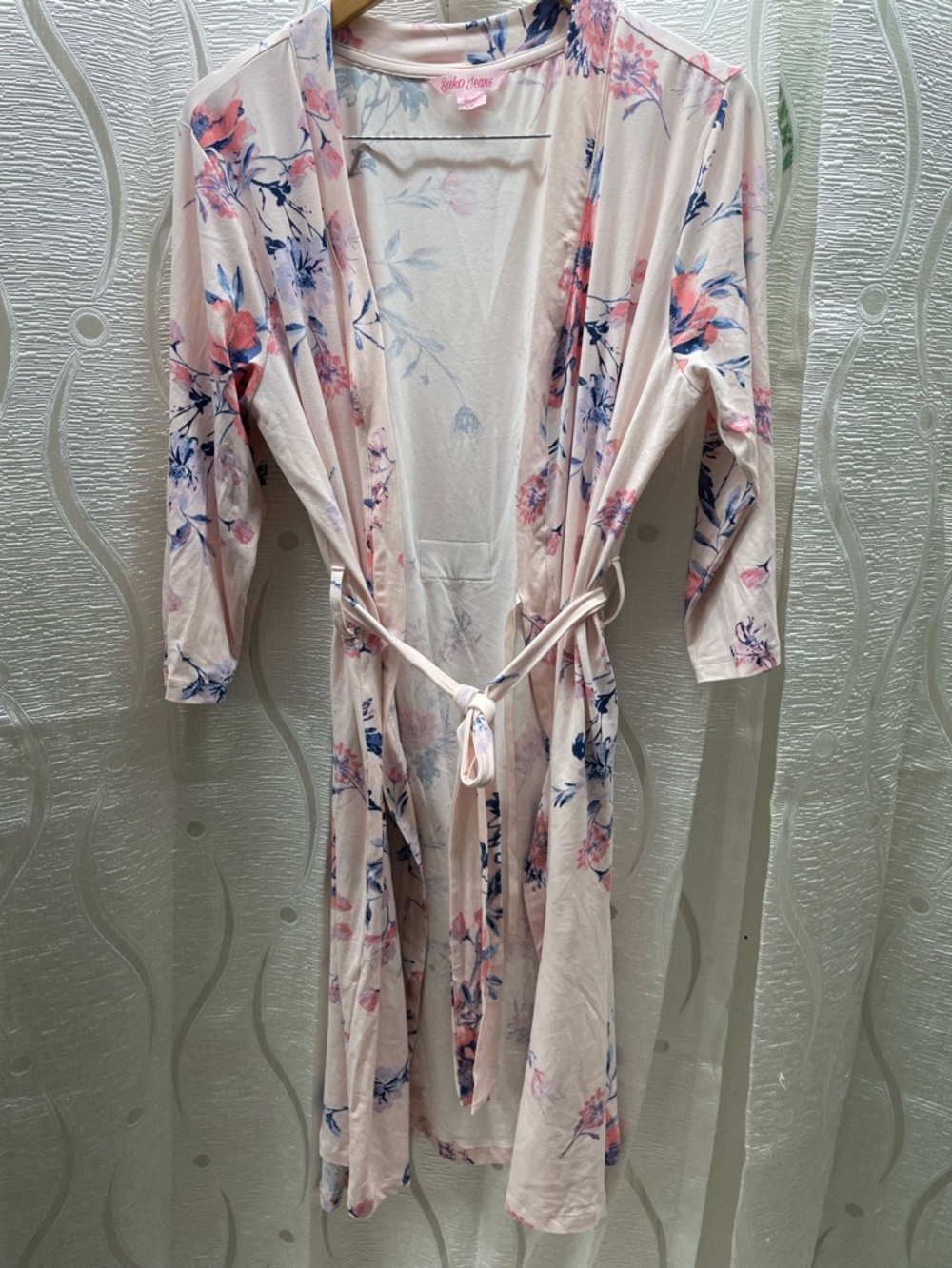 Suko Jeans Floral Robe Womens Size Large Pink Blue Wrap Tie‎ Waist Excellent